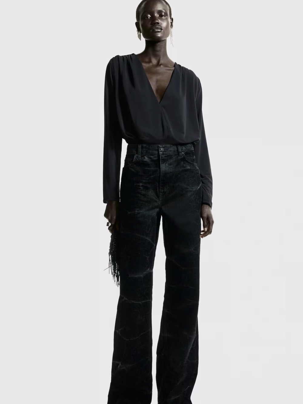 H&M Black Long-Sleeve V-Neck draped Bodysuit